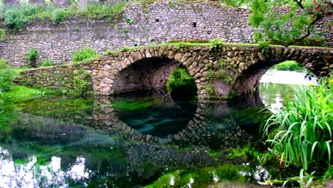 puente de piedra medieval en el edén jardín colorido vibrante con rosas y río