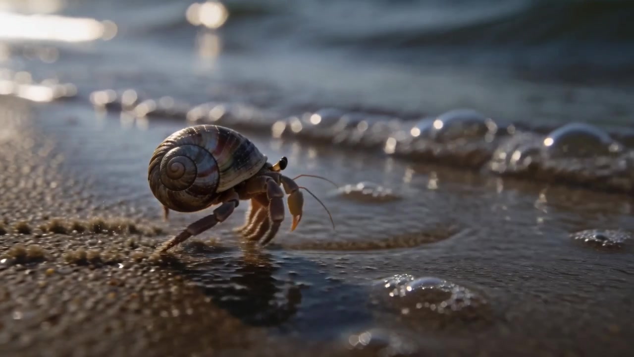 Approaching waves nudging hermit crab moving toward shallow surf on shoreline, showing spiral shell