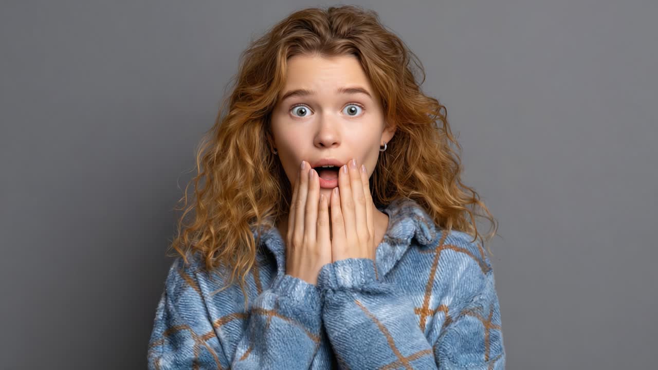 A Surprised Woman Expressing Shock and Curiosity in Casual Blue Sweater Before Transitioning to a Calm Expression in a Neutral Background
