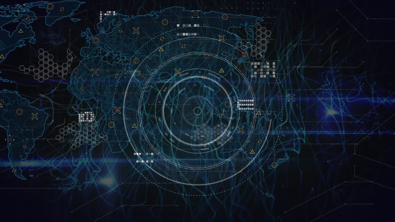 animación de escáner redondo y senderos de luz azul sobre el mapa del mundo contra un fondo negro.
