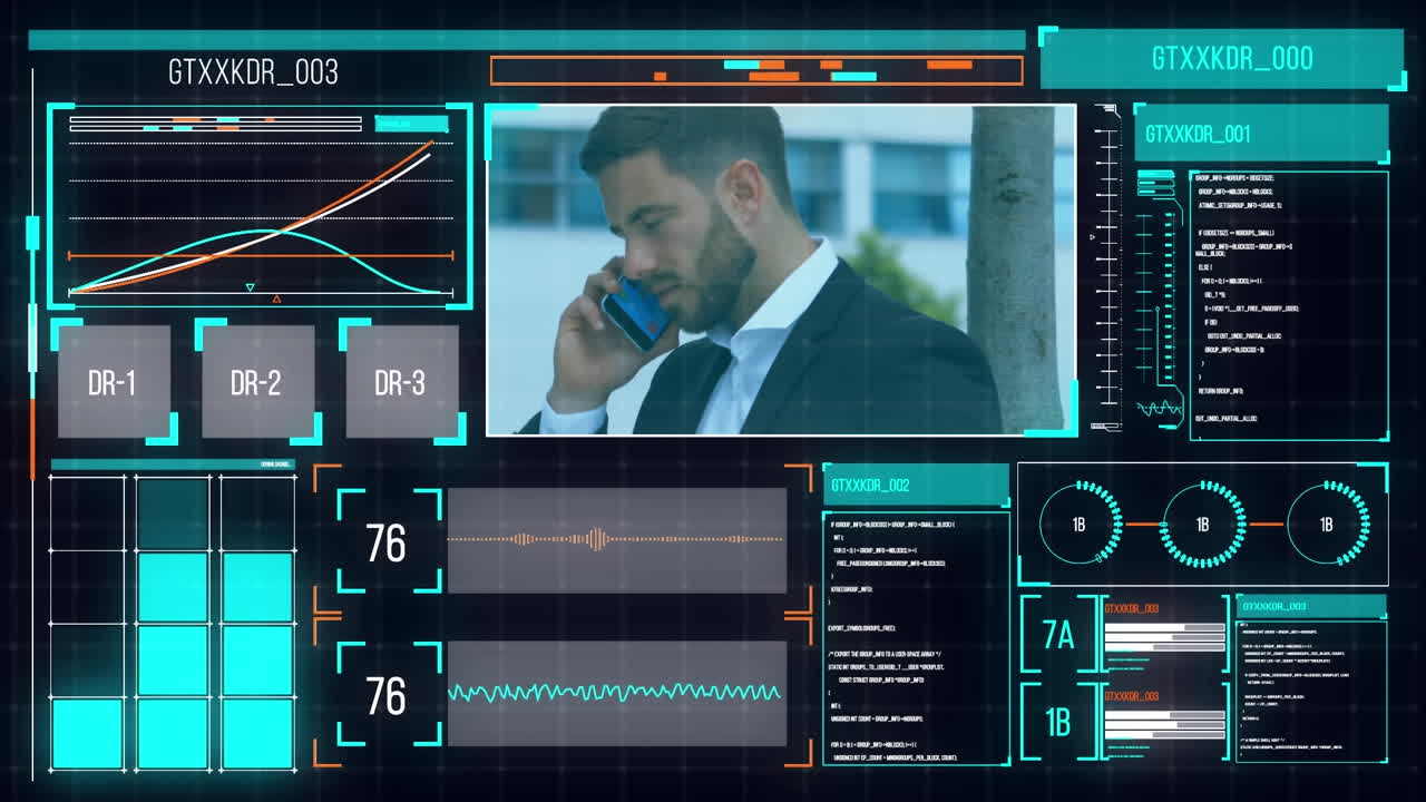 animación de la interfaz con procesamiento de datos y empresario biracial hablando en teléfono inteligente