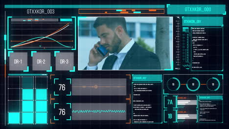 Animación-De-Interfaz-Con-Procesamiento-De-Datos-Y-Empresario-Birracial-Hablando-Por-Teléfono-Inteligente
