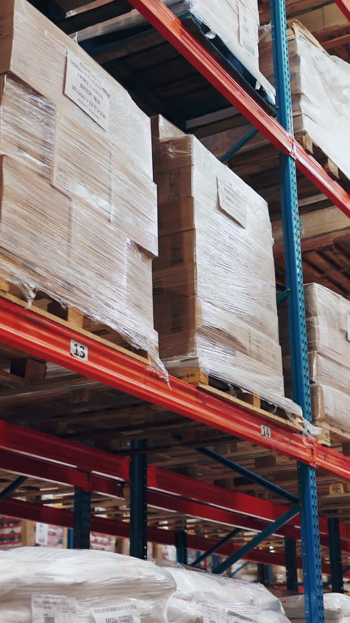 Warehouse shelves with stacked boxes