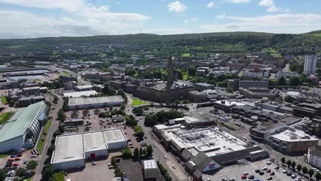 Aerial-View,-Greenock-Town-Hall-and-Cityscape-on-Sunny-Summer-Day,-Drone-Shot-60fps