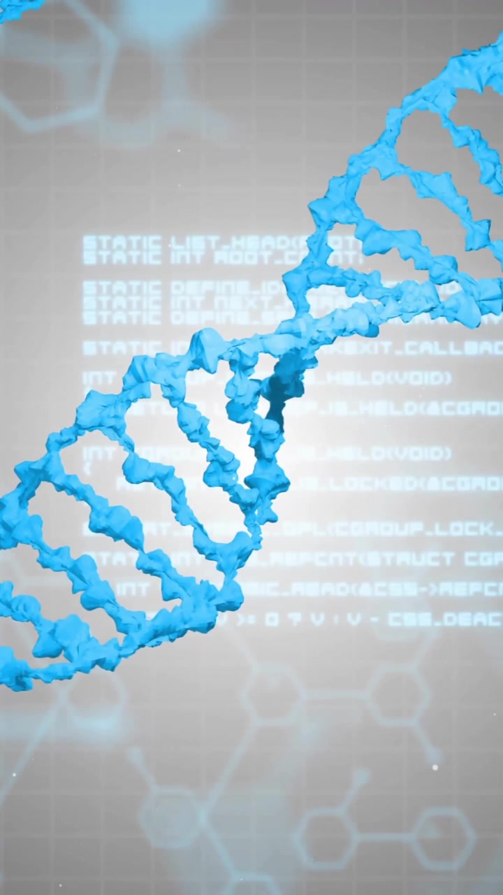 Animation of dna strands over data processing on grey background
