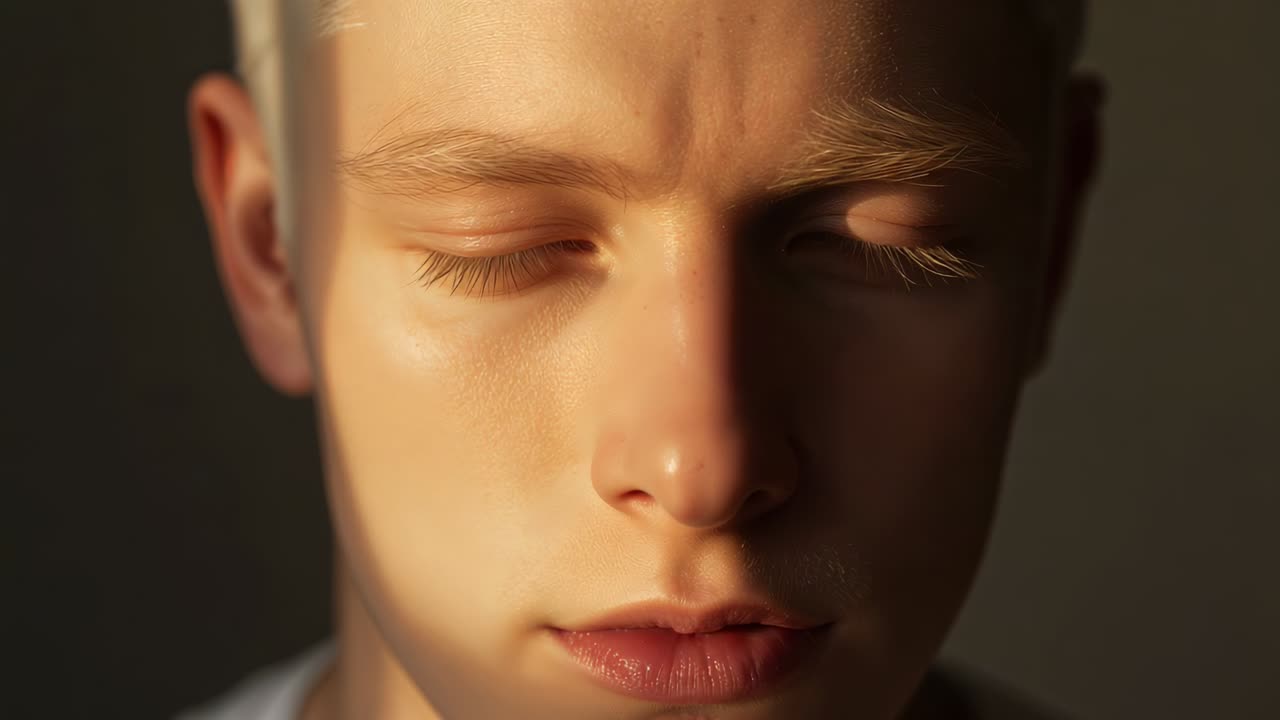 Reakce na úzké světlo, muž otevírá oči ve studiu a má na sobě světlou košili, soustředěný pohled
