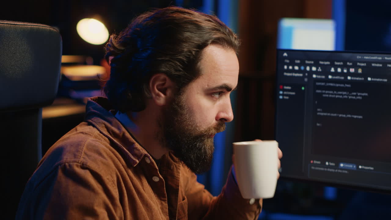 Focused programmer drinking coffee in apartment while solving database errors