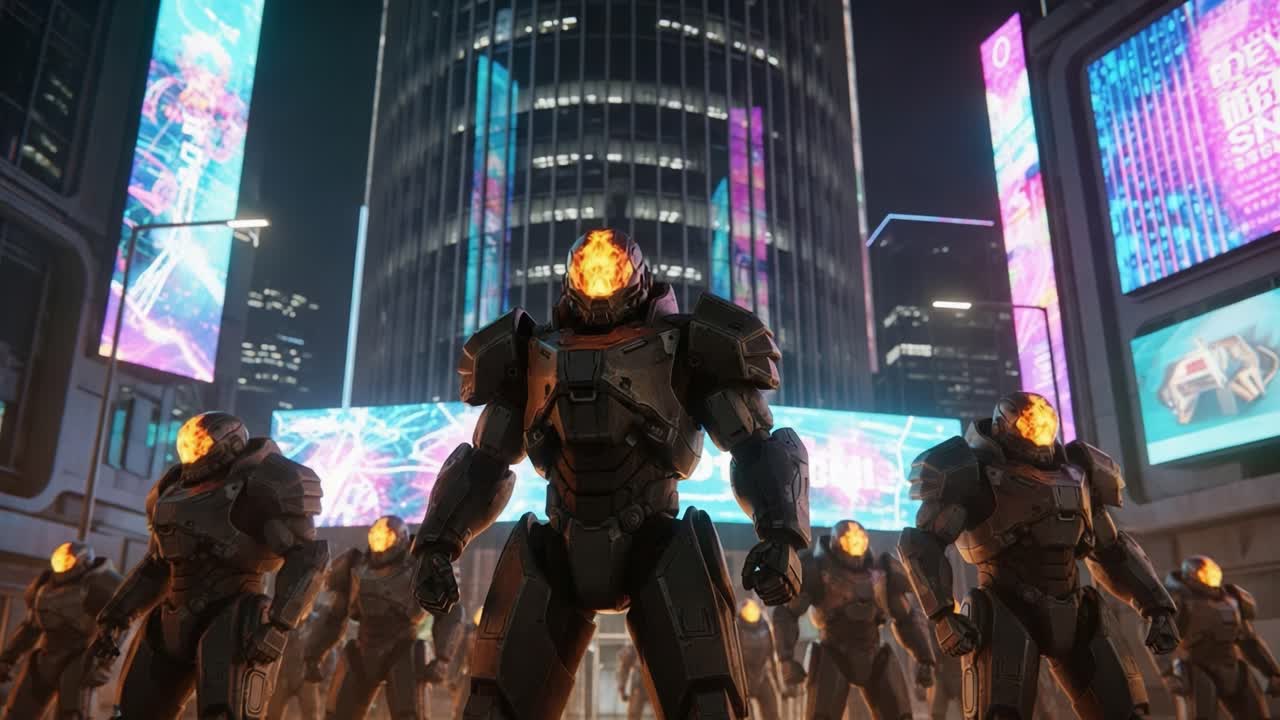 A dramatic scene featuring armored figures with glowing orange heads standing confidently in a futuristic urban environment, showcasing advanced technology and vibrant digital billboards.