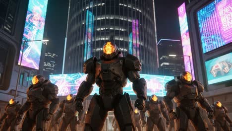 a dramatic scene featuring armored figures with glowing orange heads standing confidently in a futuristic urban environment, showcasing advanced technology and vibrant digital billboards.