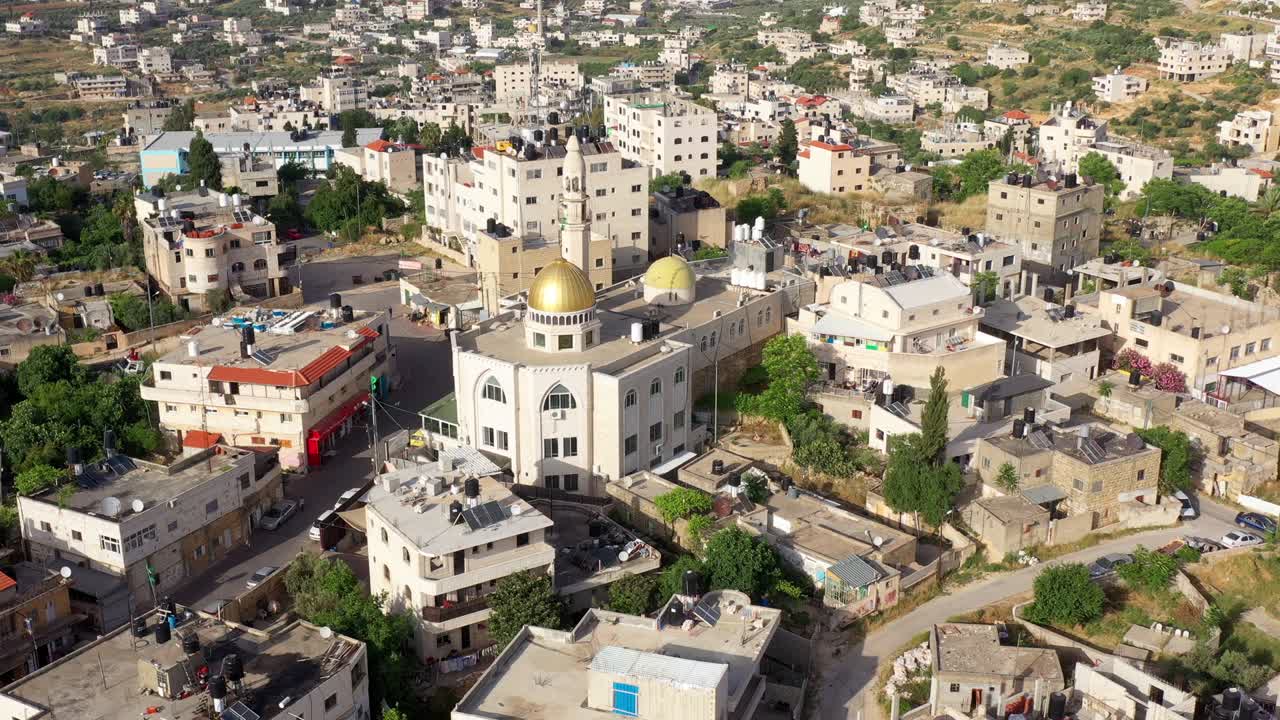 Aerial View over Hamas Golden Dome Mosque in Palestine Town Biddu,Near Jerusalem