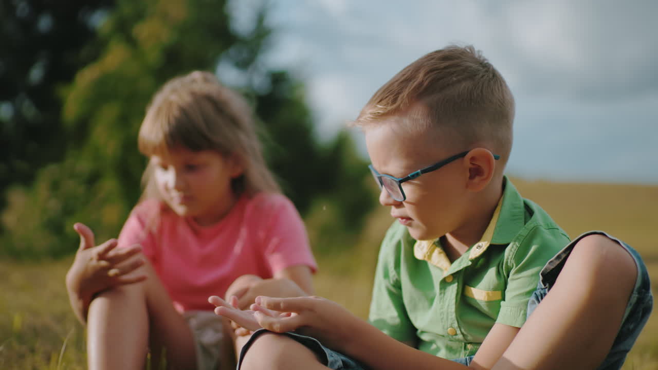 un joven curioso con gafas le muestra a su hermana algo en la mano mientras está sentado en la hierba en un campo abierto, la hermana observa atentamente, disfrutando del momento al aire libre bajo la cálida luz del sol