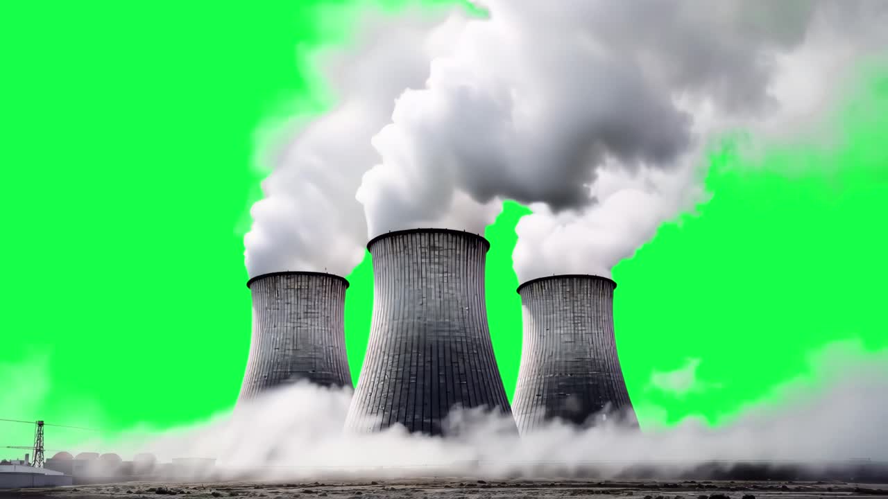 Cooling towers emitting steam animation, transparent 4K video, green screen