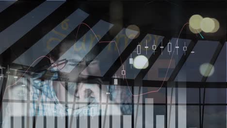 animation of financial data processing over caucasian businessman and windows