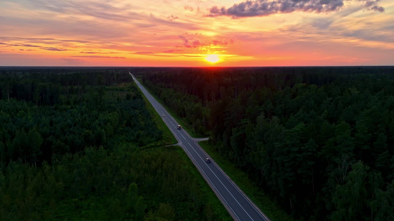 Car drives into vivid sunset on forest highway during peaceful summer evening, aerila view