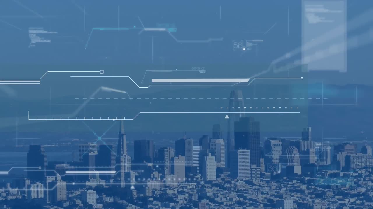 도시 풍경 위의 화면에서 데이터 처리의 애니메이션