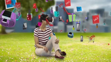mujer usando auriculares de realidad virtual con iconos de venta generados digitalmente 4k
