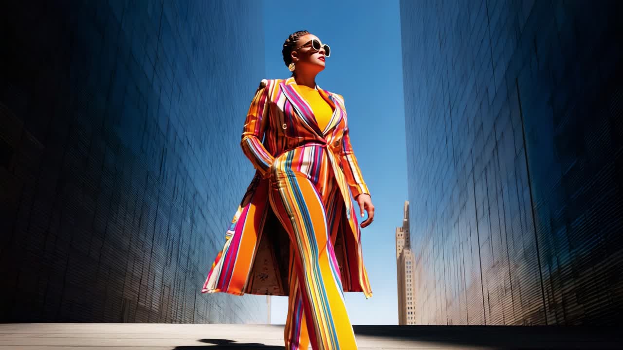 A confident individual strides through a narrow, modern corridor, showcasing bold fashion choices with a striking striped outfit and sunglasses, embodying empowerment and style in a vibrant setting