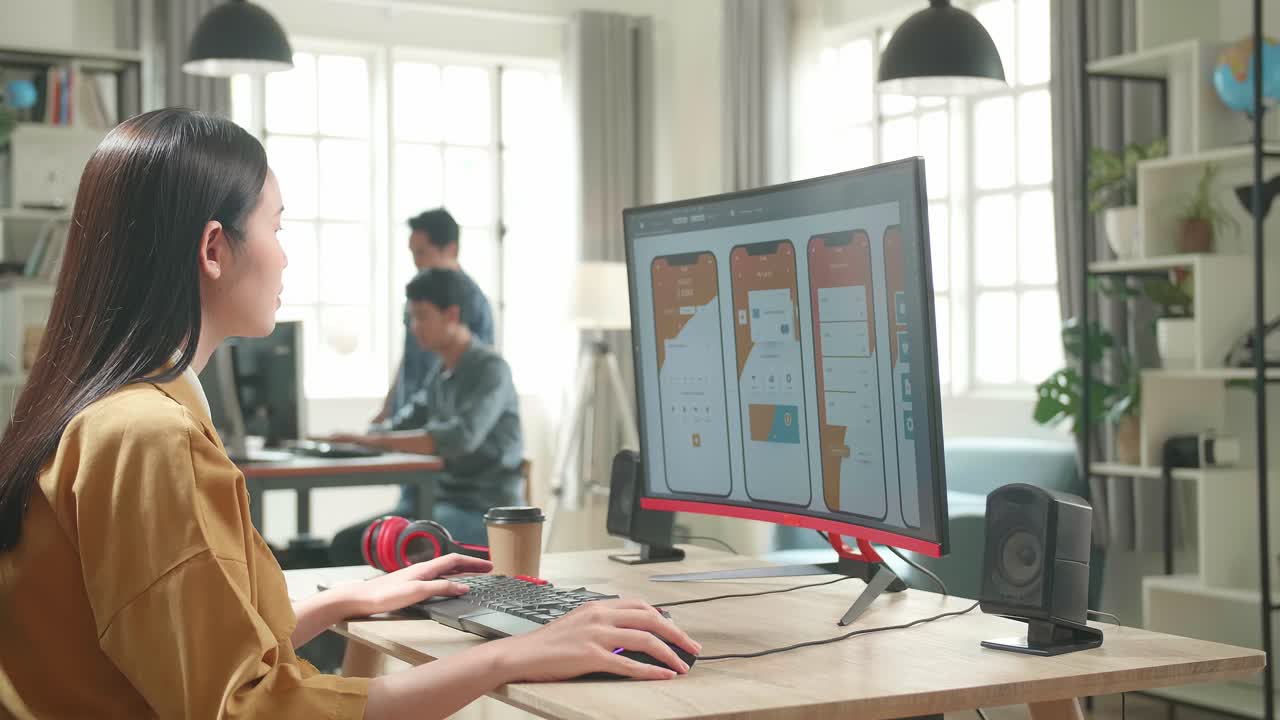 Asian Female Mobile Application Developer Works And Drinking Coffee With Graphics On Her Personal Computer In Office