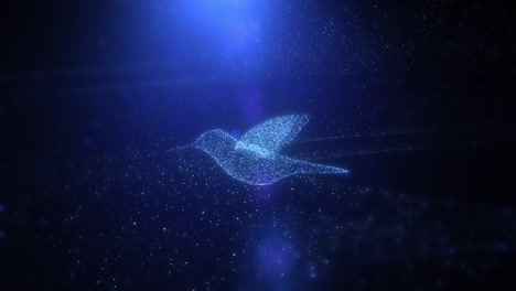 slow motion of beautiful flying humming bird, digital futuristic 3d abstract animation of glowing blue bird flying through particles