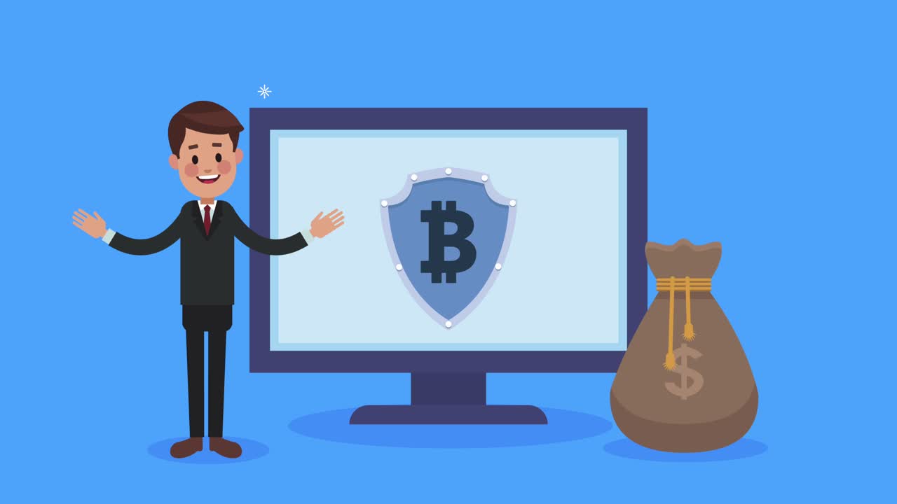 businessman with bitcoin shield in desktop