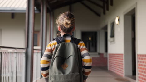 a child with a backpack walking through a school hallway