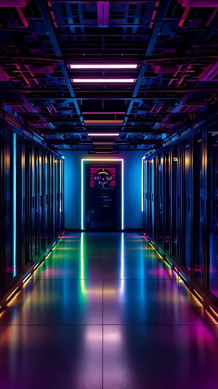 Vertical video: On start gliding camera down corridor with server racks, revealing neon doorway