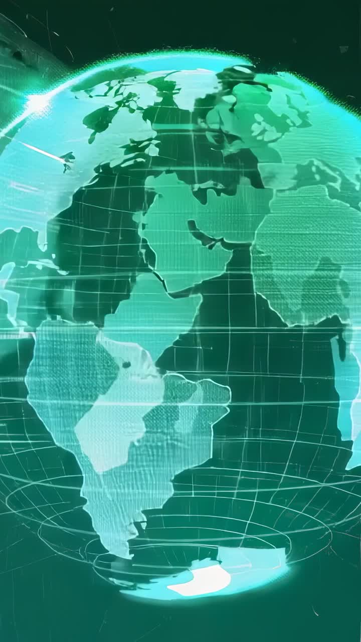 Vertical video: Globe materializing and rotating in app, with grid, pulsing ring and sweeping beam