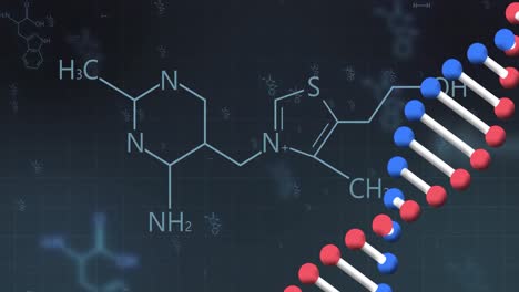 어두운 배경에서 원소 구조와 네트워크를 돌리는 dna 가닥