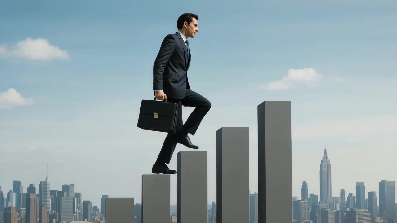 Businessman Climbing Bar Graph Steps with City Skyline