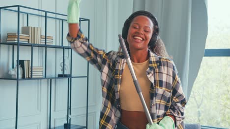 joyful home cleaning in a bright living room with upbeat music