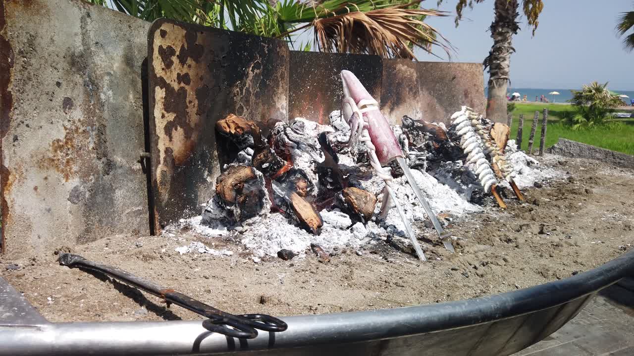 Grilling sardines and seafood over an open fire on the beach