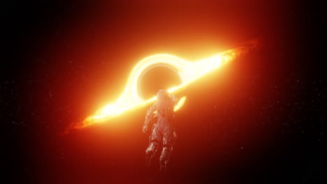 Cosmonaut flying towards black hole at outer space
