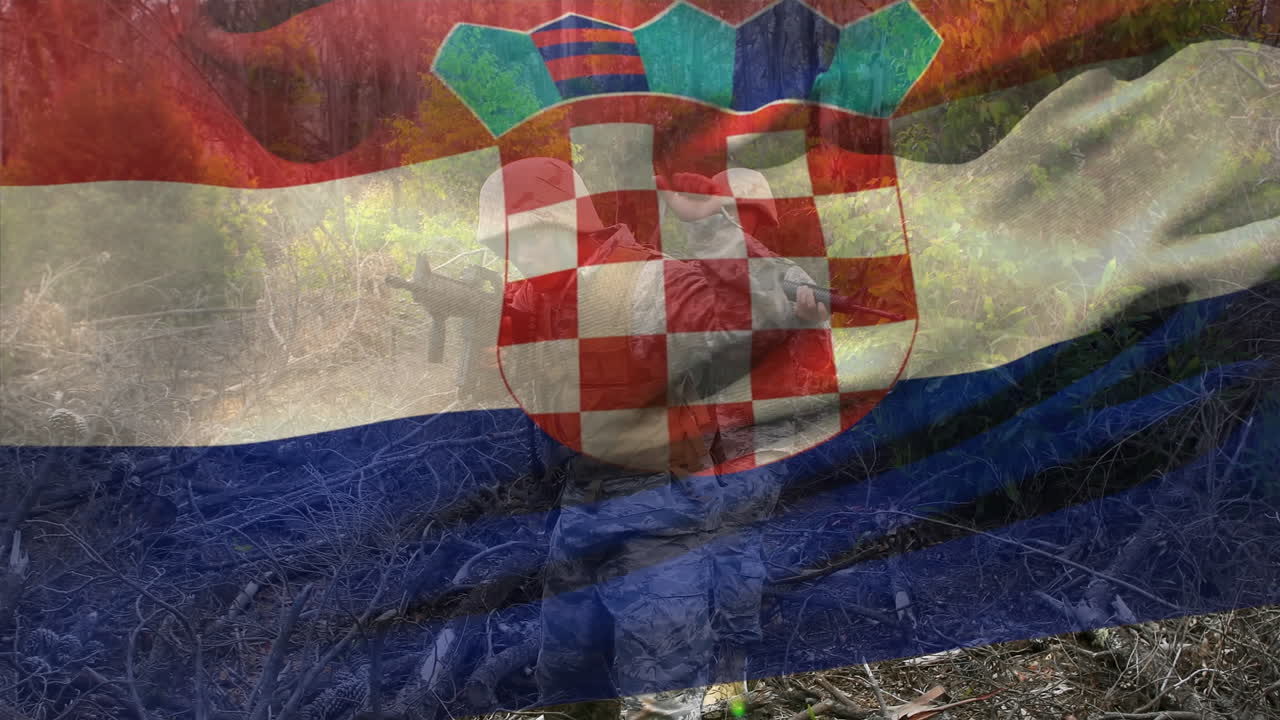 animación de la bandera de croacia sobre varios soldados varones