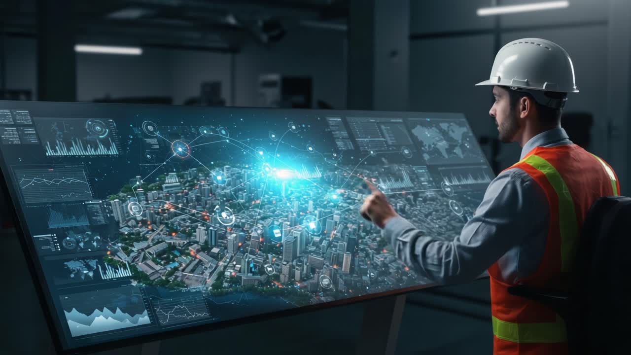A Construction Engineer Analyzing a Smart City Digital Model on an Interactive Display, Integrating Data Visualization with Urban Planning Insights