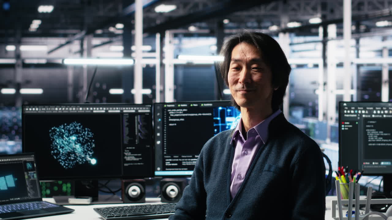 Smiling Data Center Manager Filming Presentation, Showcasing Ai Equipment
