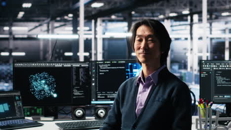 smiling data center manager filming presentation, showcasing ai equipment
