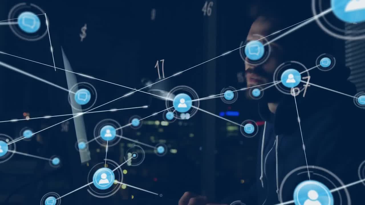 Animation of networks of connections and numbers over man using computer