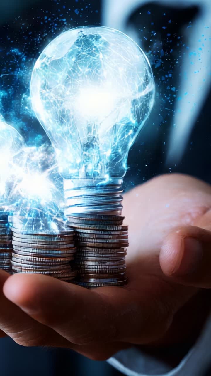 Illuminating Ideas: A Concept of Innovation and Wealth Displayed Through a Hand Holding Light Bulbs and Stacks of Coins Representing Financial Prosperity