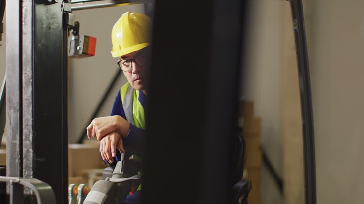 Portrait of asian male worker wearing safety suit in warehouse