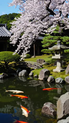 japanese garden with cherry blossoms and koi fish