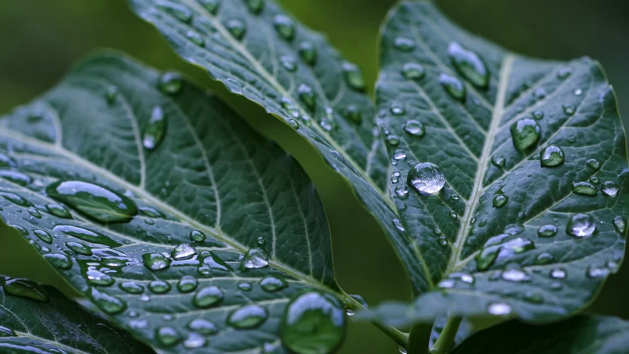 Close-up video shot of green leaves with water droplets, capturing nature's detail from a macro