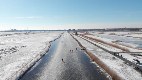 people ice skating on frozen canal, iconic netherlands winter scene, aerial view