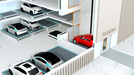 red car parking by agv (automated  guided vehicle) in cutaway view