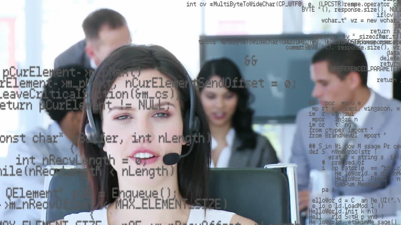 Animation of data processing over business people using phone headsets