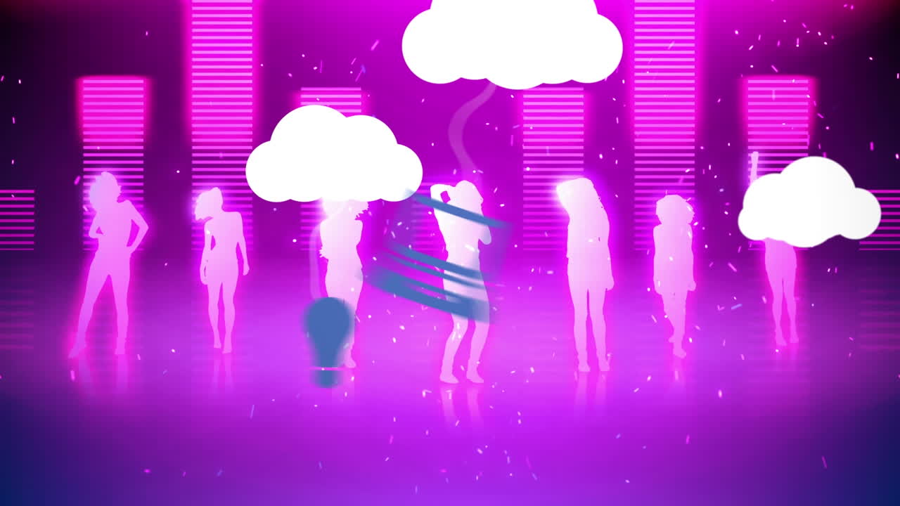 animación de nubes e íconos digitales sobre personas bailando y música ecualizador gráfico