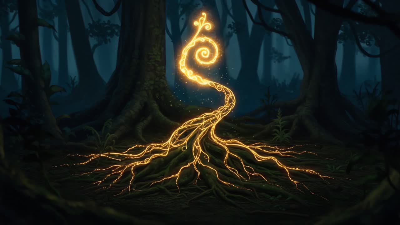 Ethereal Twisted Root Glowing in the Enchanted Forest Amidst Dense Trees and Shadows, Capturing the Mystical Essence of Nature's Hidden Wonders