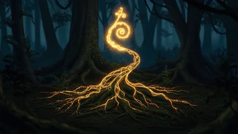 ethereal twisted root glowing in the enchanted forest amidst dense trees and shadows, capturing the mystical essence of nature's hidden wonders