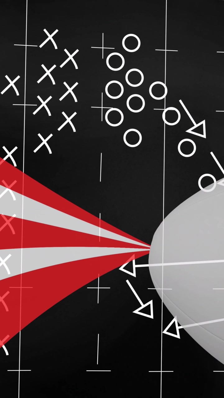 Animation af tegning af spilleplan over rugbybold og røde og hvide striber