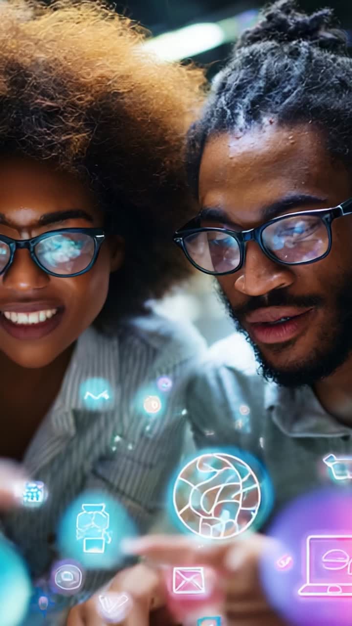 Engaging Young Adults Sharing Innovations and Technology with Enthusiasm in a Bright Digital Environment Featuring Glowing Icons and Interactive Elements