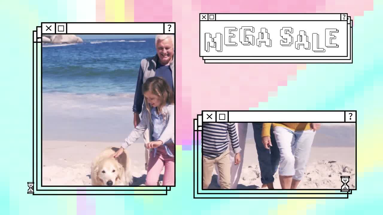 animación de mega venta en texto blanco en ventana apilada, con una familia feliz de varias generaciones en la playa